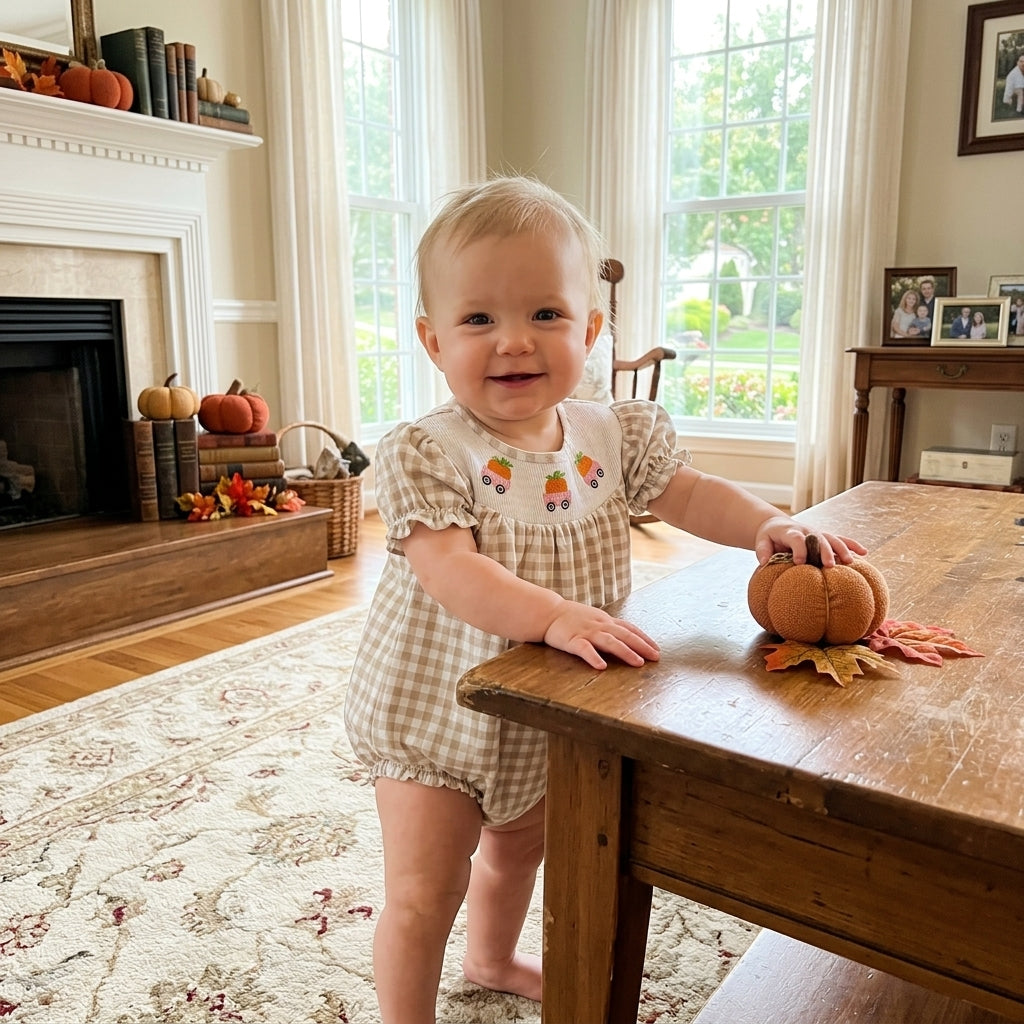 Smocked Pumpkins Trucks Baby Girls Khaki Checked Fall Ruffle Rompers