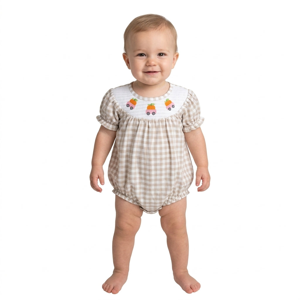 Smocked Pumpkins Trucks Baby Girls Khaki Checked Fall Ruffle Rompers