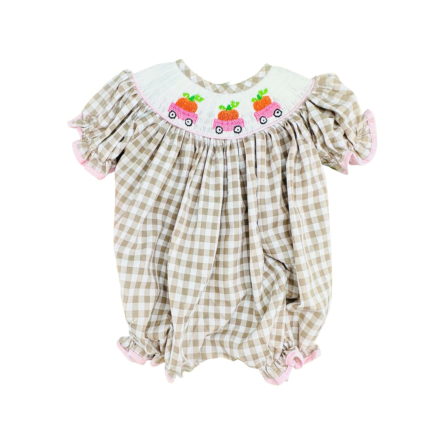 Preorder moq 5 Baby Girls Khaki Checked Pumpkins Trucks Fall Ruffle Rompers