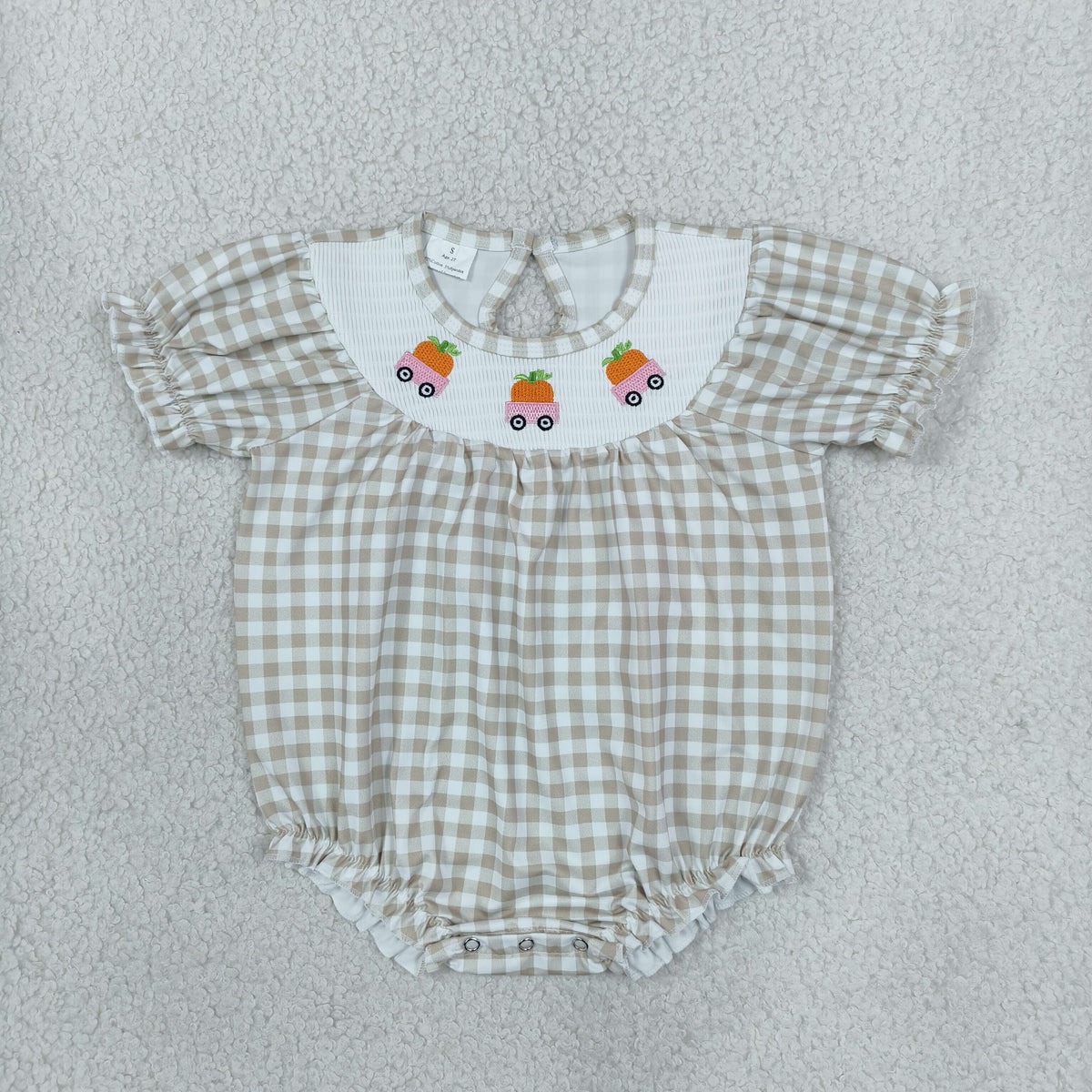 Smocked Pumpkins Trucks Baby Girls Khaki Checked Fall Ruffle Rompers