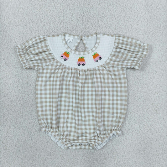 Smocked Pumpkins Trucks Baby Girls Khaki Checked Fall Ruffle Rompers