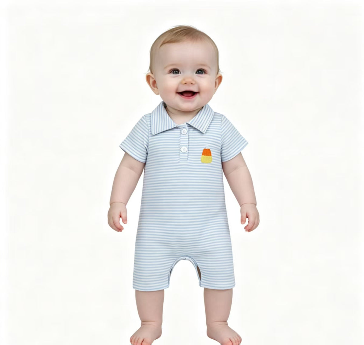 Embroidery Candy Baby Boys Blue Stripe Halloween Button Romper