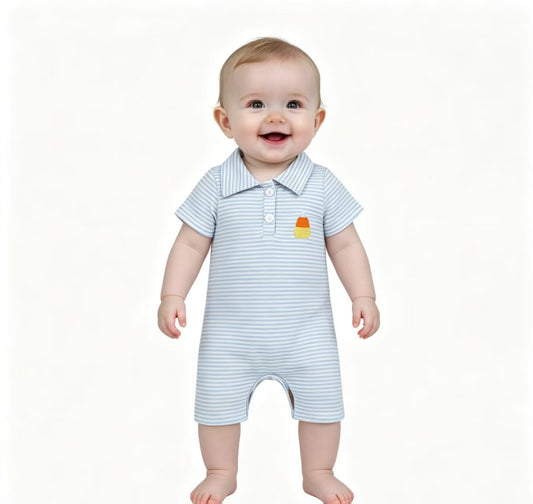 Embroidery Candy Baby Boys Blue Stripe Halloween Button Romper