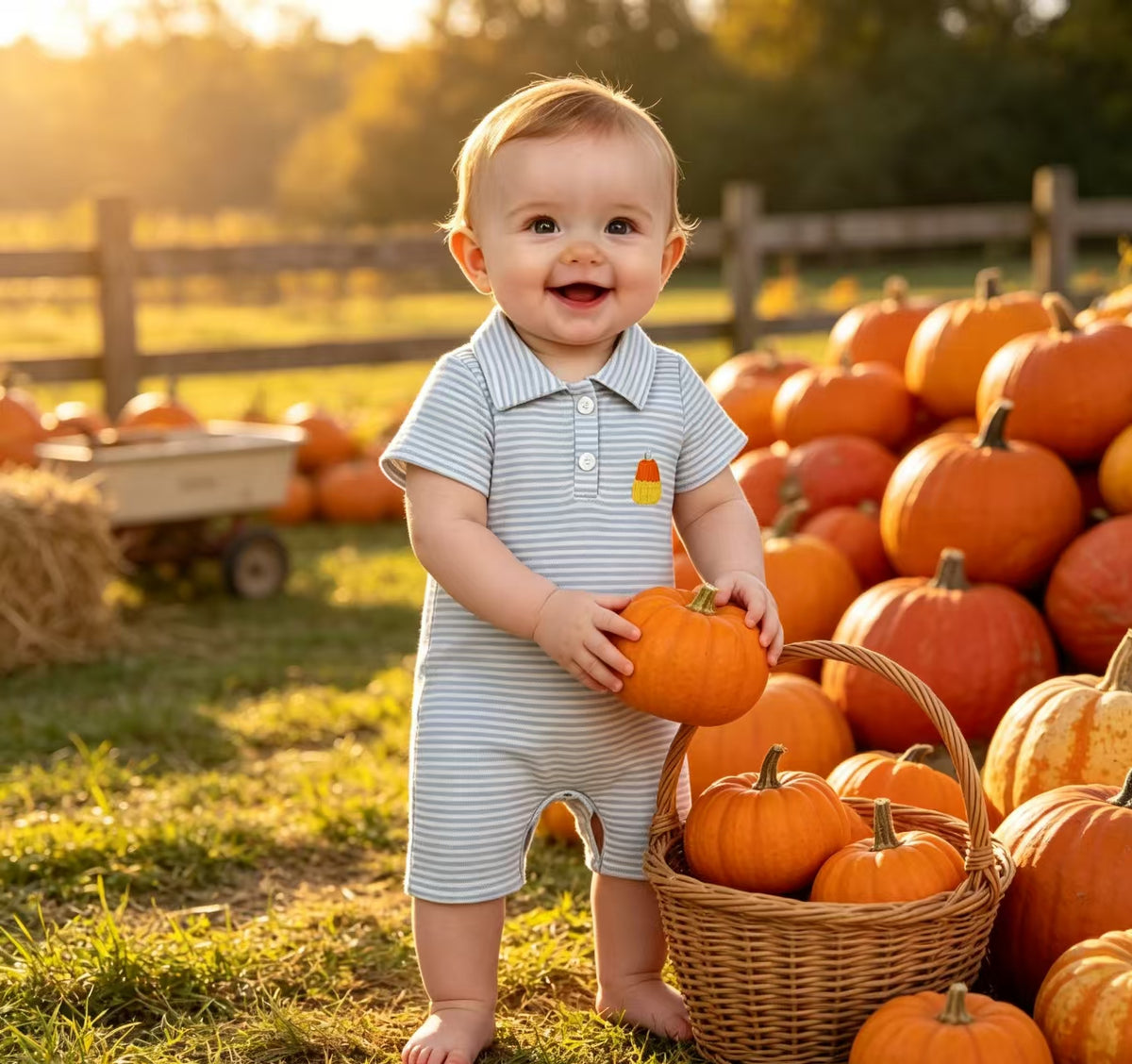 Embroidery Candy Baby Boys Blue Stripe Halloween Button Romper