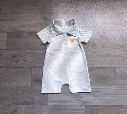 Embroidery Candy Baby Boys Blue Stripe Halloween Button Romper Preorder