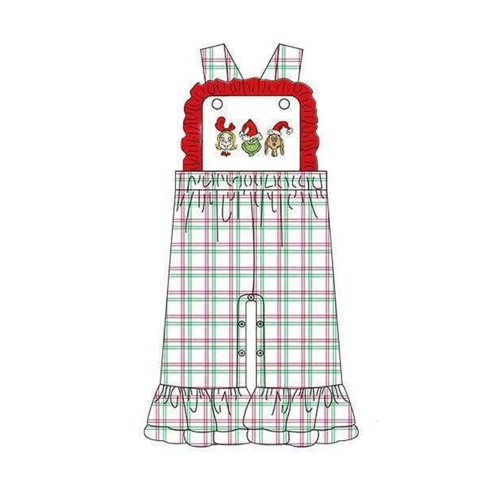 Preorder moq 5 Baby Girls Green Frogs Ruffle Pants Christmas Checked Jumpsuits