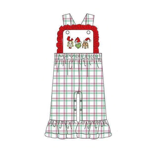 Preorder moq 5 Baby Girls Green Frogs Ruffle Pants Christmas Checked Jumpsuits