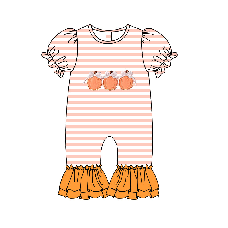 Preorder moq 5 Baby Girls Short Sleeve Bows Pumpkins Fall Ruffle Pant Rompers
