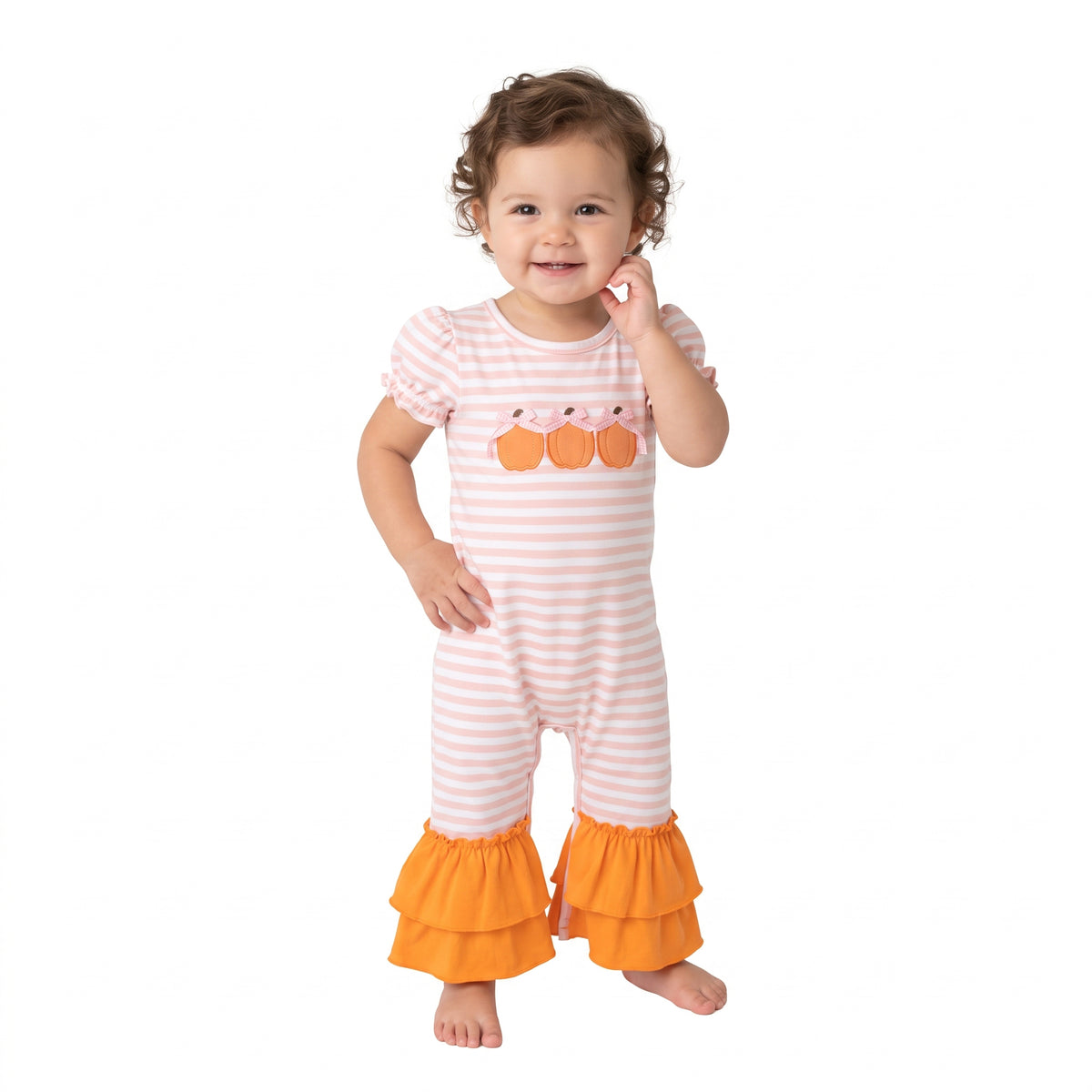 Embroidery Bows Pumpkins Baby Girls Orange Stripe Fall Ruffle Pant Rompers