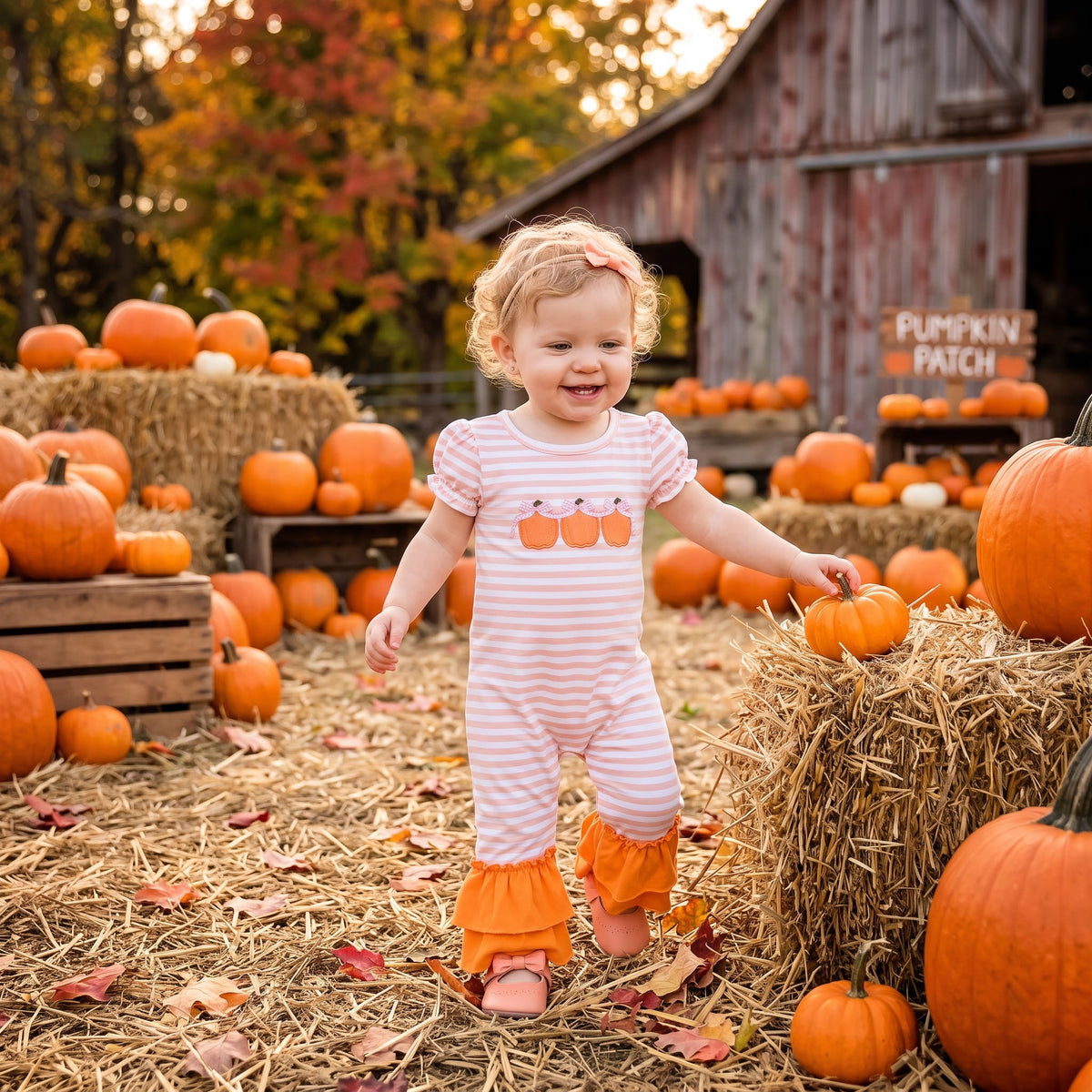 Embroidery Bows Pumpkins Baby Girls Orange Stripe Fall Ruffle Pant Rompers