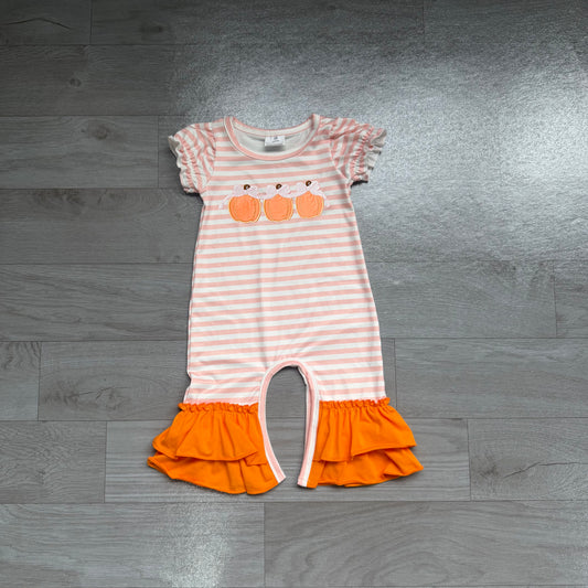 Embroidery Bows Pumpkins Baby Girls Orange Stripe Fall Ruffle Pant Rompers Preorder