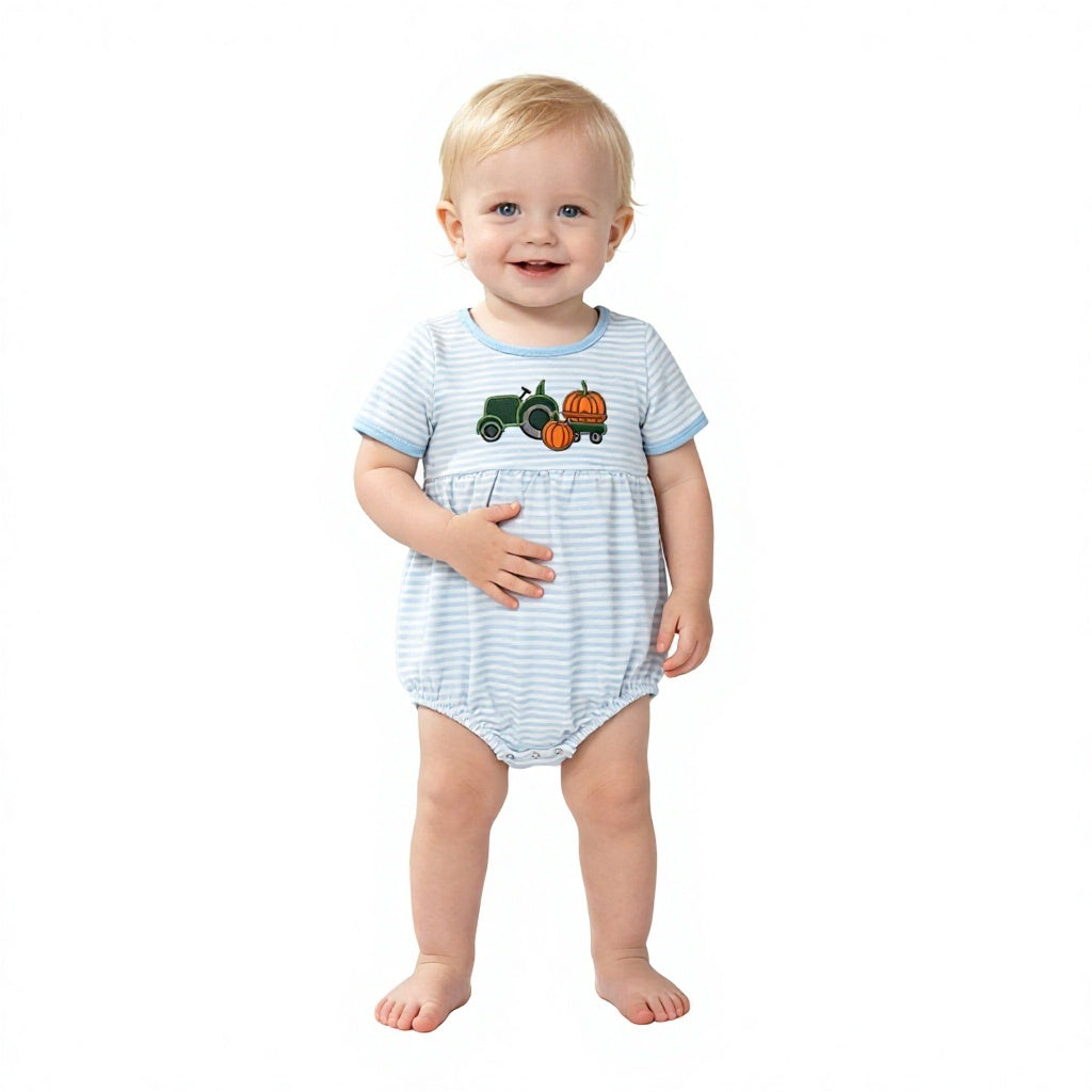 Embroidery Pumpkins Truck Baby Boys Blue Stripe Fall Short Sleeve Rompers