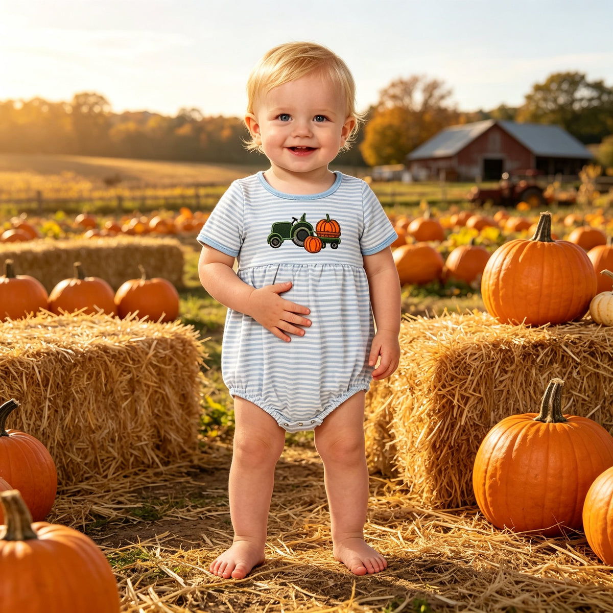 Embroidery Pumpkins Truck Baby Boys Blue Stripe Fall Short Sleeve Rompers