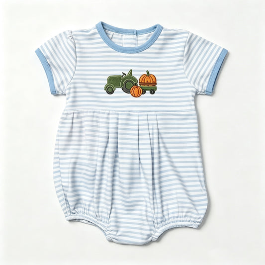 Preorder moq 5 Baby Boys Short Sleeve Blue Stripe Pumpkins Truck Fall Rompers