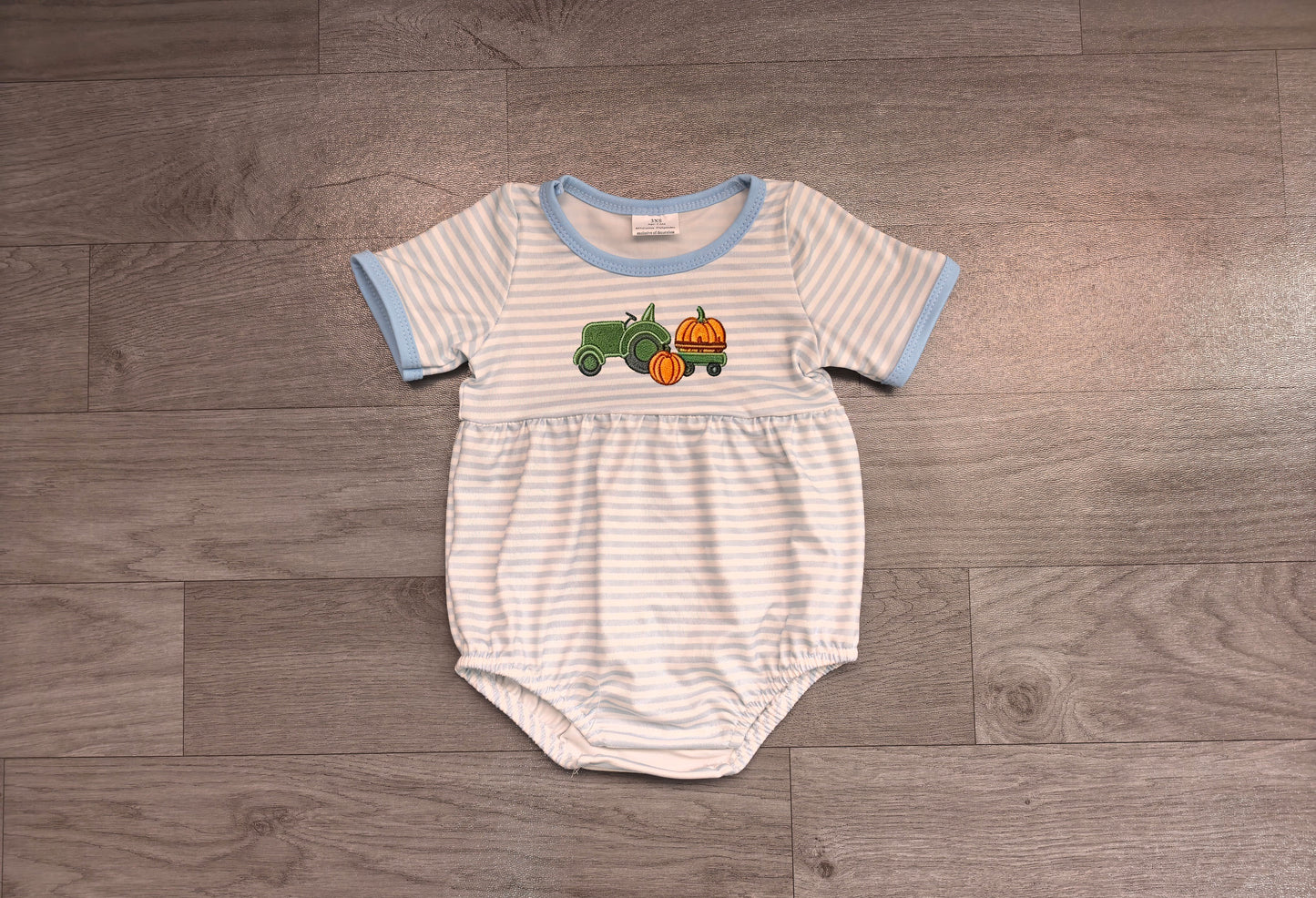 Embroidery Pumpkins Truck Baby Boys Blue Stripe Fall Rompers Preorder