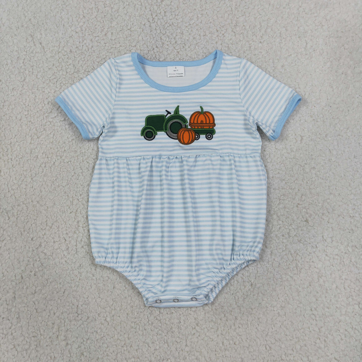 Embroidery Pumpkins Truck Baby Boys Blue Stripe Fall Short Sleeve Rompers