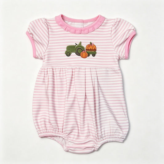 Preorder moq 5 Baby Girls Short Sleeve Pink Stripe Pumpkins Truck Fall Ruffle Rompers