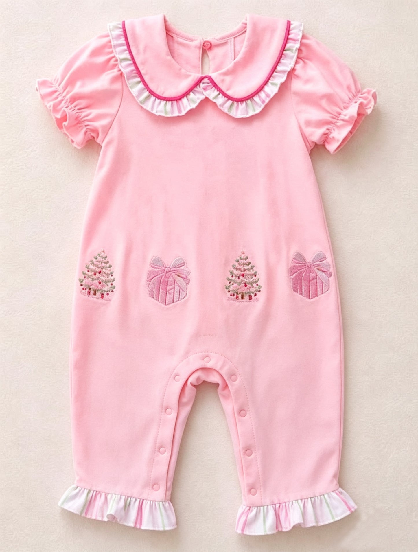 Preorder moq 5 Baby Girls Pink Collar Trees Gifts Christmas Ruffle Pant Rompers