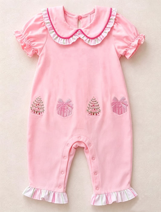 Preorder moq 5 Baby Girls Pink Collar Trees Gifts Christmas Ruffle Pant Rompers