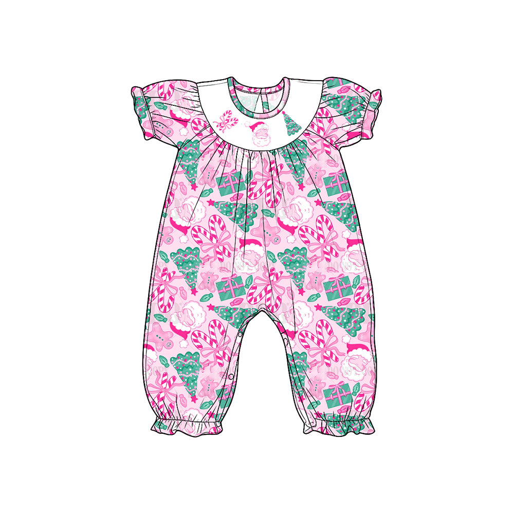 Preorder moq 5 Baby Girls Smocked Candy Cane Santa Christmas Ruffle Pant Rompers