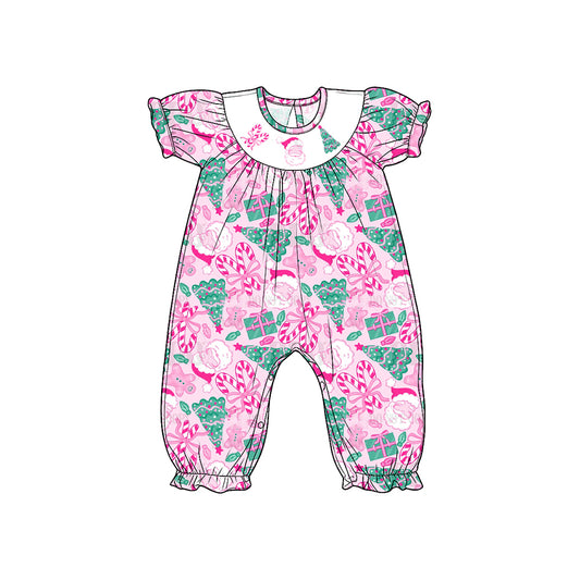 Preorder moq 5 Baby Girls Smocked Candy Cane Santa Christmas Ruffle Pant Rompers