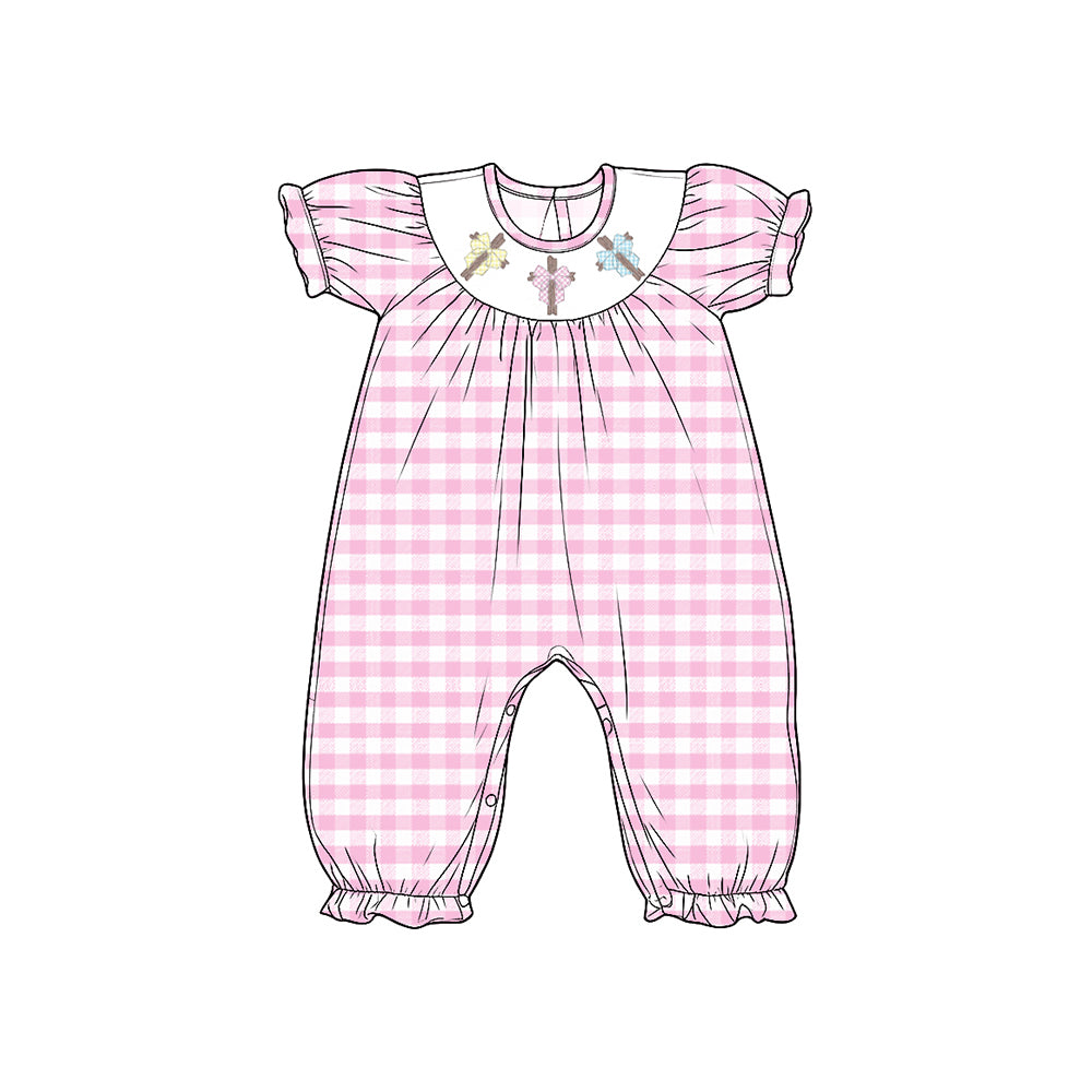 Preorder moq 5 Baby Girls Smocked Bows Crosses Pink Checked Ruffle Pant Rompers