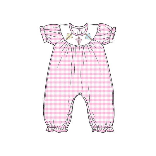 Preorder moq 5 Baby Girls Smocked Bows Crosses Pink Checked Ruffle Pant Rompers