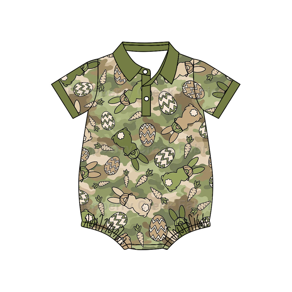 Preorder moq 5 Baby Boys Green Camo Rabbits Eggs Easter Button Rompers