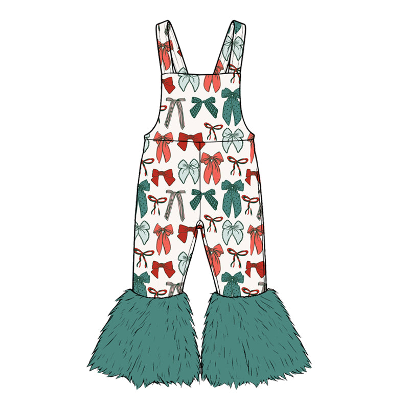 Preorder moq 5 Baby Girls Strap Green Red Bows Fur Pant Christmas Jumpsuits
