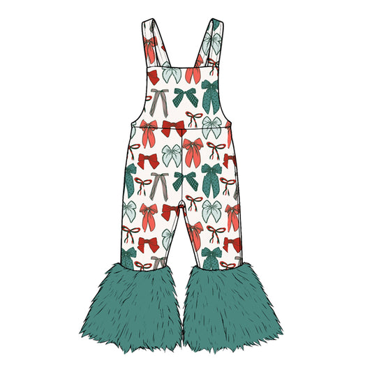 Preorder moq 5 Baby Girls Strap Green Red Bows Fur Pant Christmas Jumpsuits