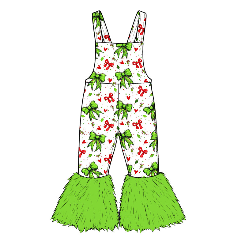 Preorder moq 5 Baby Girls Strap Green Red Bows Hearts Fur Pant Christmas Jumpsuits