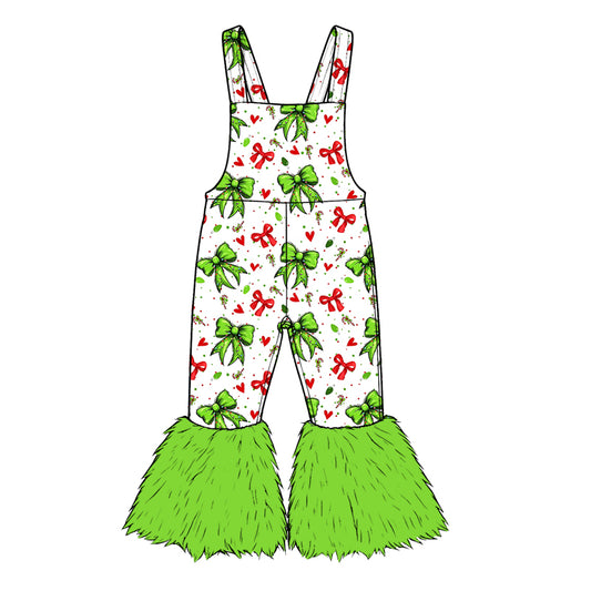 Preorder moq 5 Baby Girls Strap Green Red Bows Hearts Fur Pant Christmas Jumpsuits
