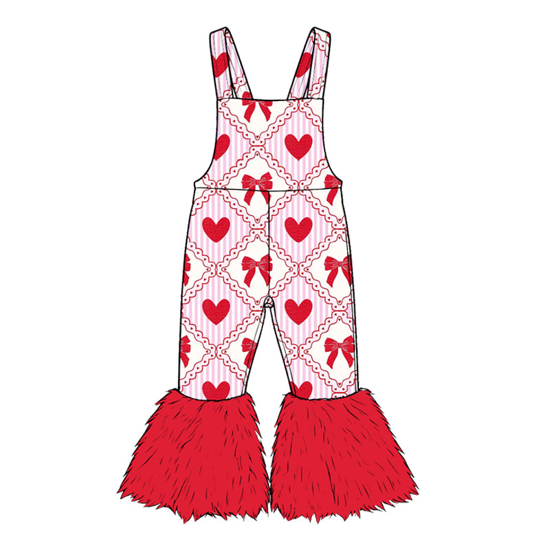 Preorder moq 5 Baby Girls Strap Hearts Bows Hearts Fur Pant Valentines Jumpsuits