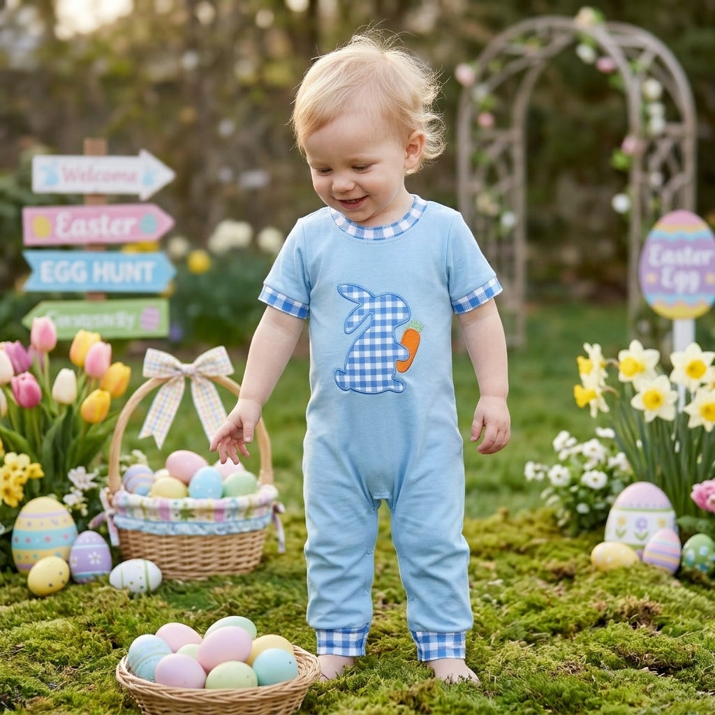 Embroidery Rabbit Carrots Baby Boys Blue Checked Easter Pant Rompers