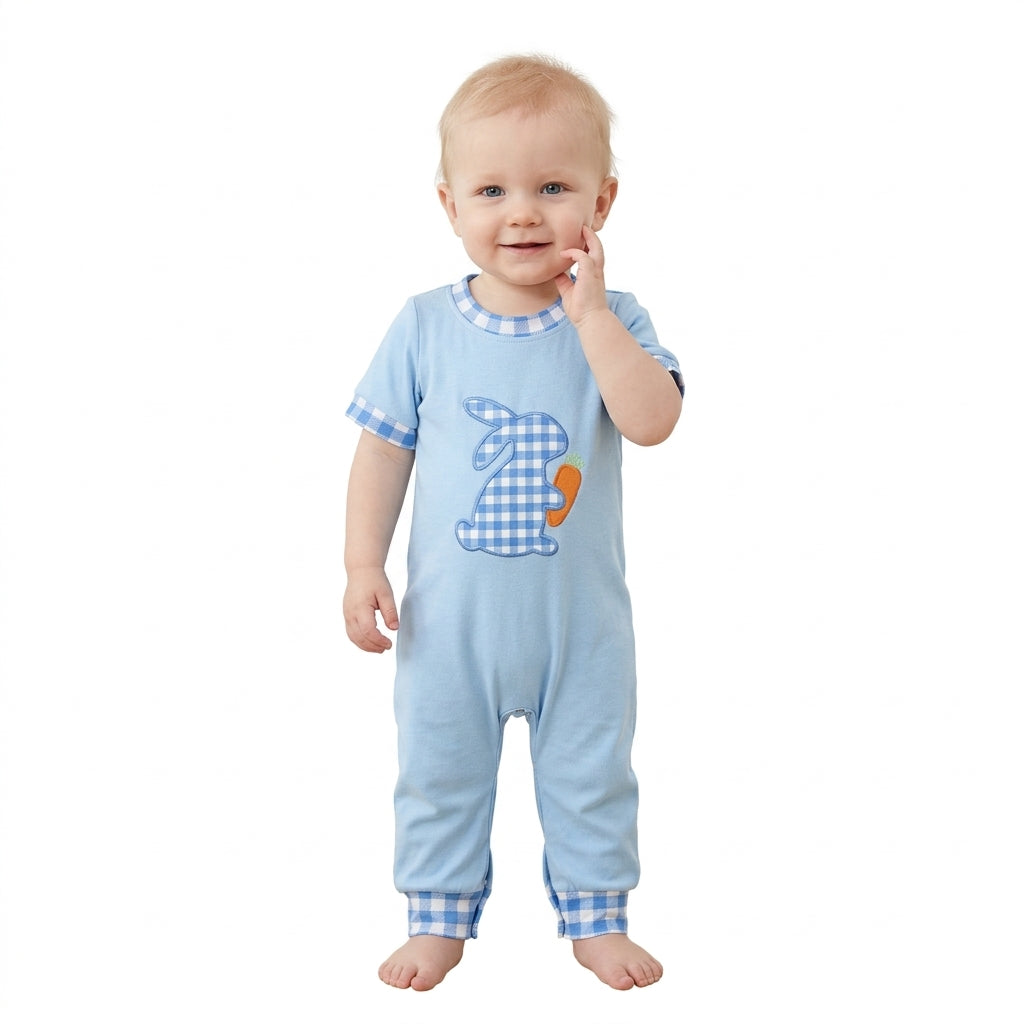 Embroidery Rabbit Carrots Baby Boys Blue Checked Easter Pant Rompers