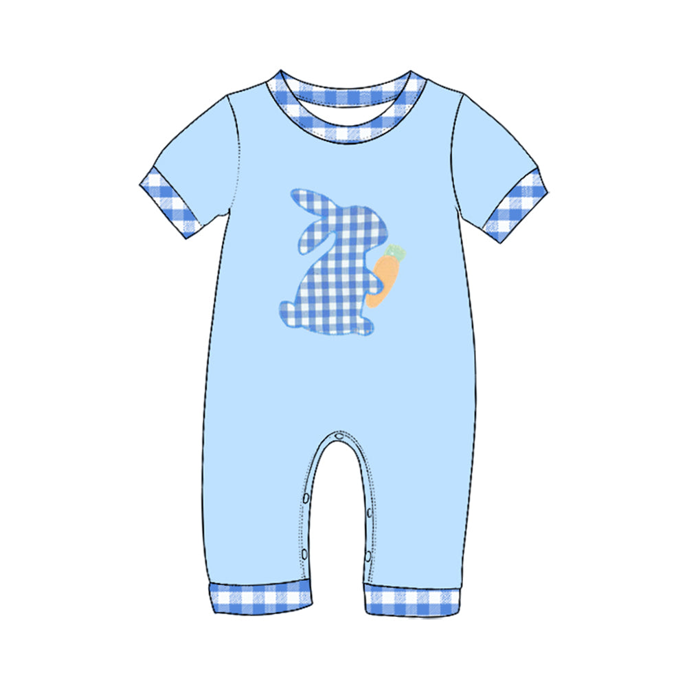 Preorder moq 5 Baby Boys Blue Checked Rabbit Carrots Easter Pant Rompers