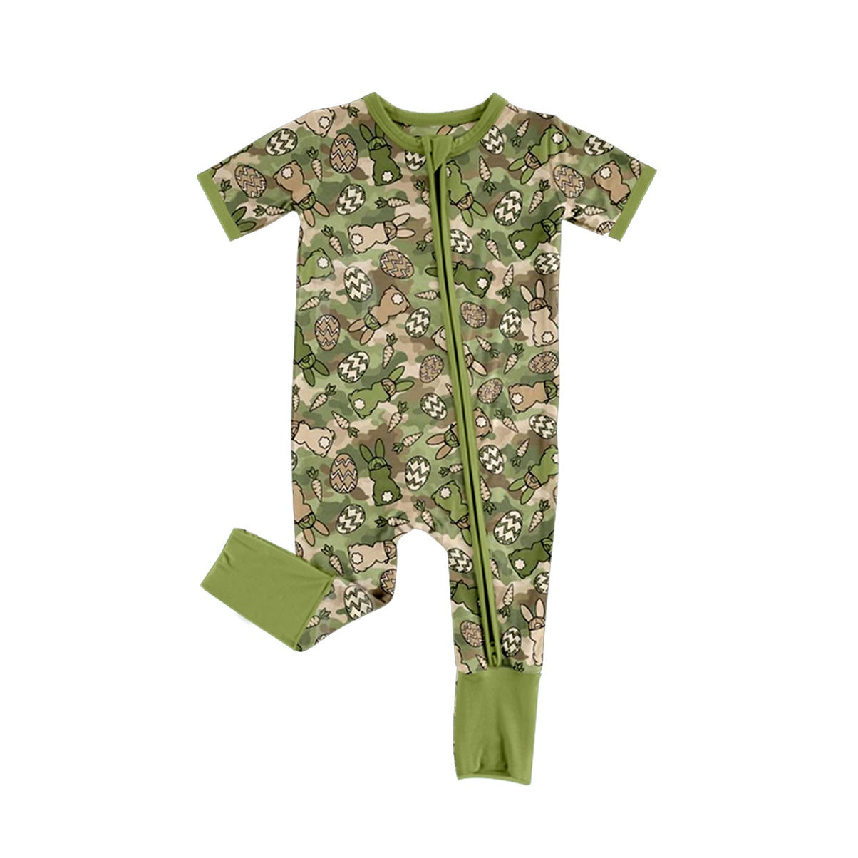 Preorder moq 5 Baby Boys Green Camo Rabbits Carrots Easter Two Way Zip Convertible Romper