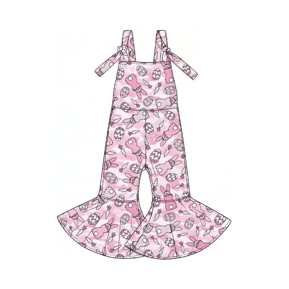 Preorder moq 5 Baby Girls Pink Camo Rabbits Eggs Easter Bell Bottom Jumpsuits