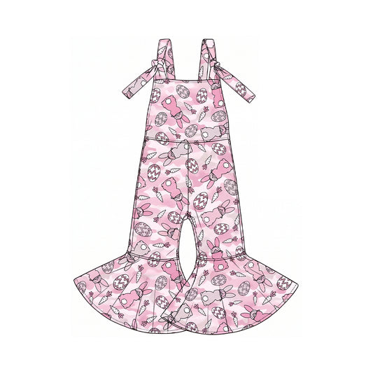 Preorder moq 5 Baby Girls Pink Camo Rabbits Eggs Easter Bell Bottom Jumpsuits