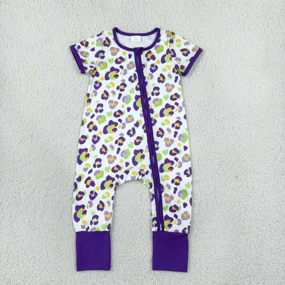 Baby Boys Short Sleeve Mardigras Leopard Two Way Zip Convertible Rompers