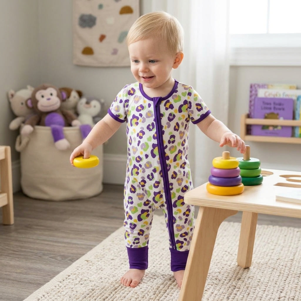 Baby Boys Short Sleeve Mardigras Leopard Two Way Zip Convertible Rompers