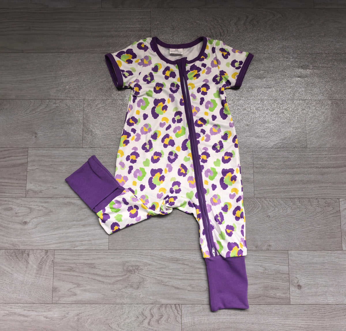 Baby Boys Short Sleeve Mardigras Leopard Two Way Zip Convertible Rompers