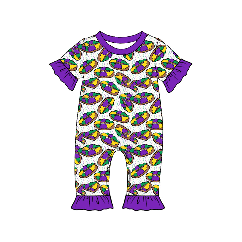 Baby Girls Mardigras Donuts Plaid Ruffle Pant Rompers Preorder