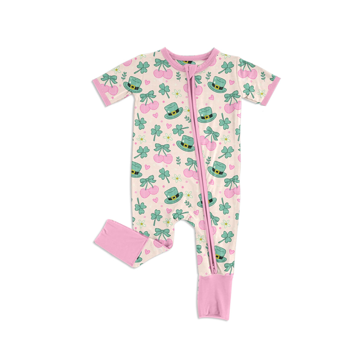 Baby Girls Clovers Hats Cherry St Patrick Two Way Zip Convertible Rompers Preorder