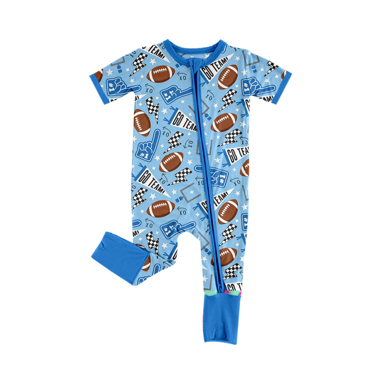 Baby Boys Blue Footballs Cheer Go Team Two Way Zip Convertible Rompers Preorder