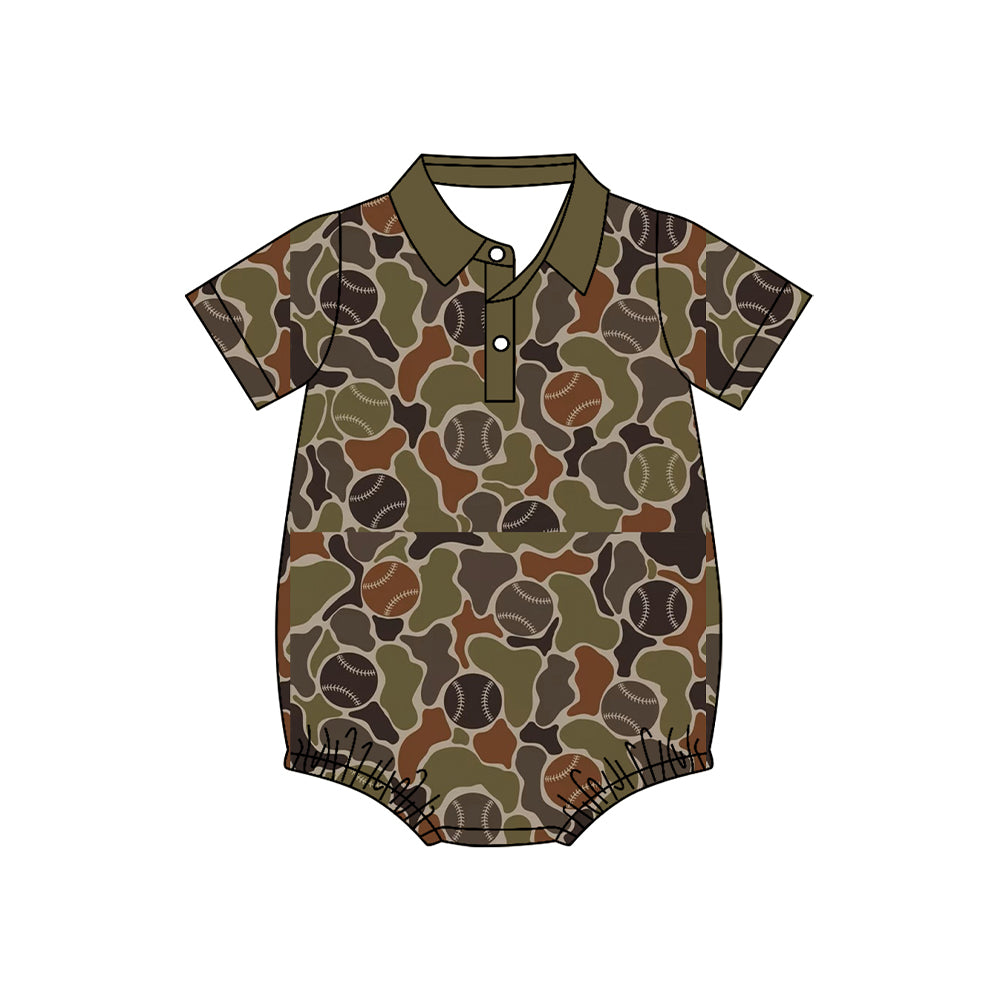 Baby Boys Short Sleeve Brown Baseballs Camo Team Button Rompers Preorder