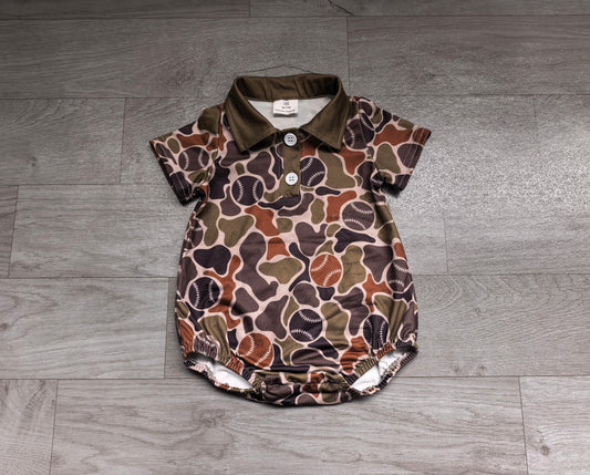 Baby Boys Short Sleeve Brown Baseballs Camo Team Button Rompers Preorder
