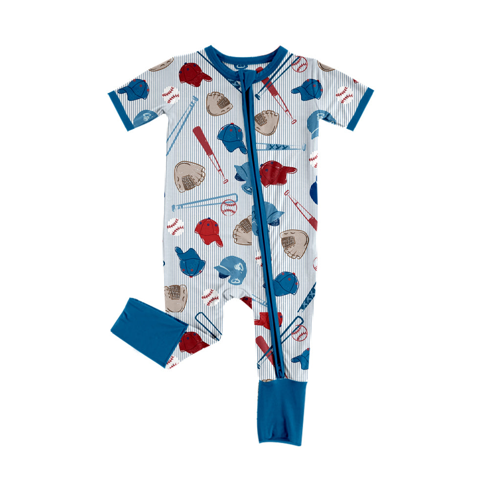 Baby Boys Blue Stripe Baseballs Team Two Way Zip Convertible Rompers