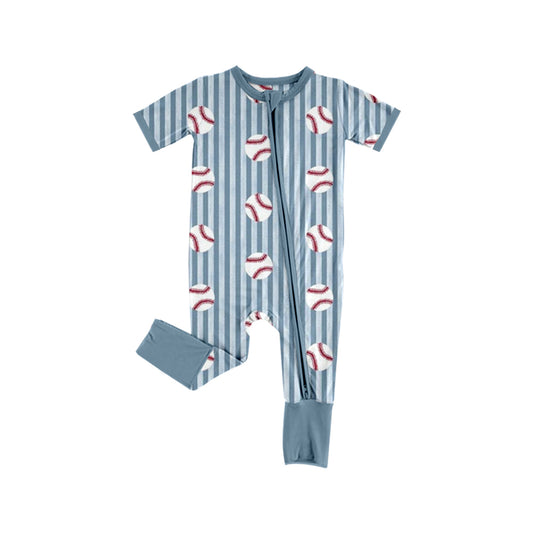 Baby Boys Blue Stripe Baseballs Team Two Way Zip Convertible Rompers Preorder