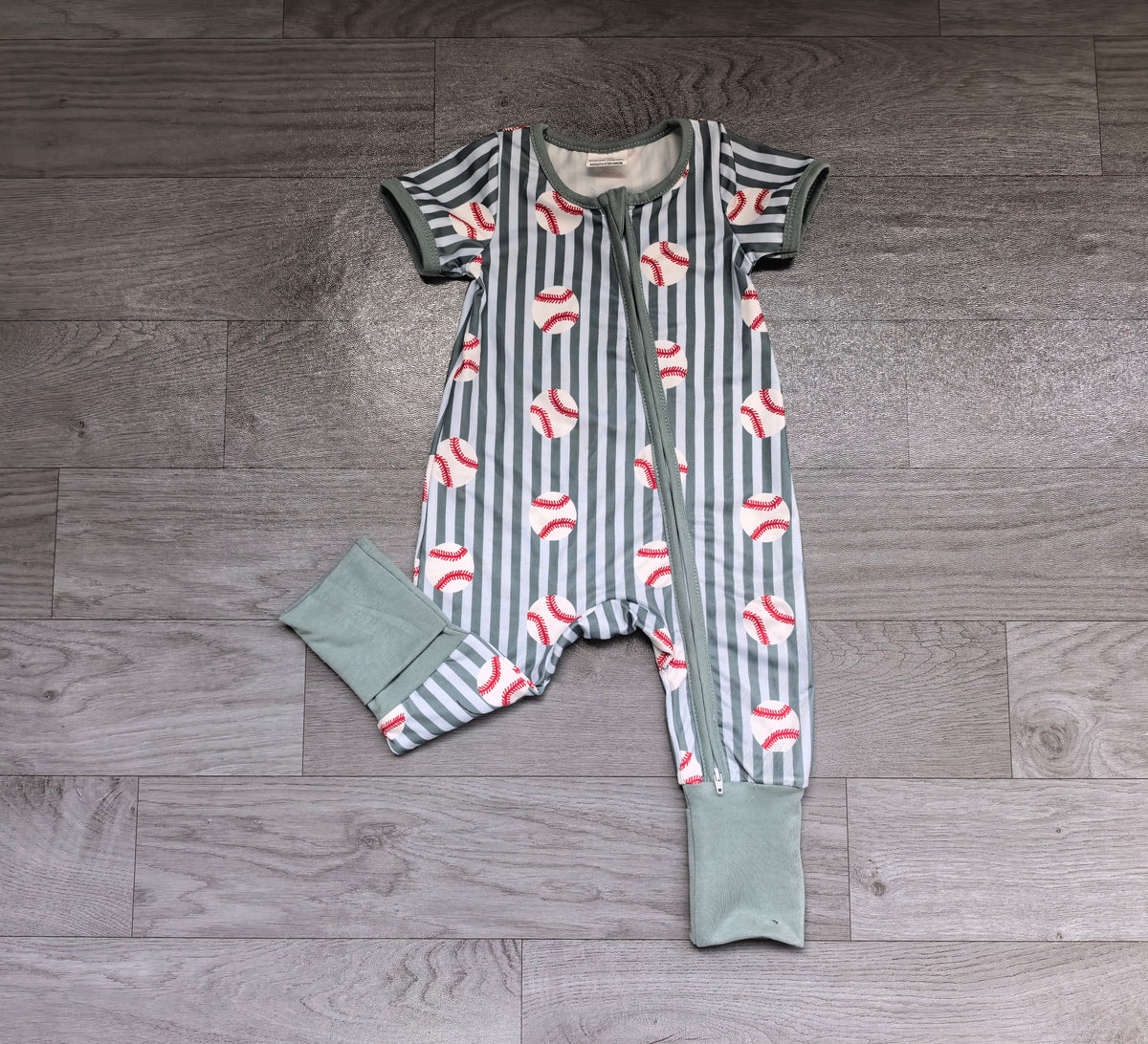 Baby Boys Blue Stripe Baseballs Team Two Way Zip Convertible Rompers Preorder